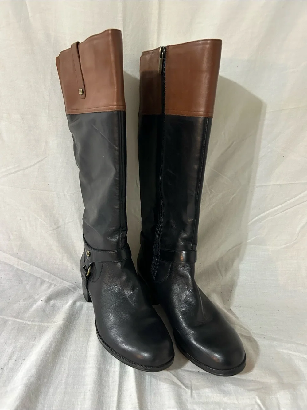 Bandolino Calliope Black Cognac Leather Tall Riding Boots Buckle Zip Sz 7.5